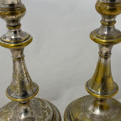 .215. Silver over Brass Candlestick Pair | c. 1870
