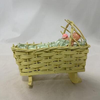 .229. Mini Wicker Doll Cradle | Celluloid Doll