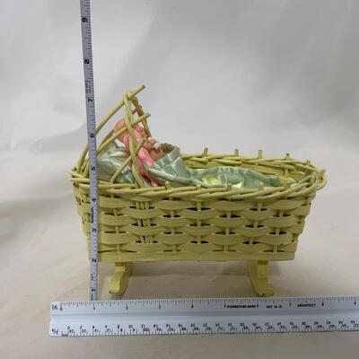 .229. Mini Wicker Doll Cradle | Celluloid Doll