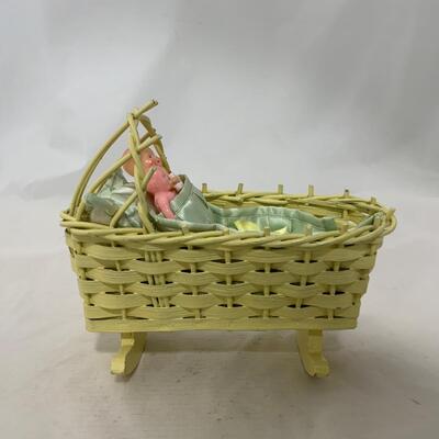 .229. Mini Wicker Doll Cradle | Celluloid Doll