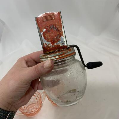 .237. Pink Depression Creamer and Sugar | Nut Grinder | c. 1930