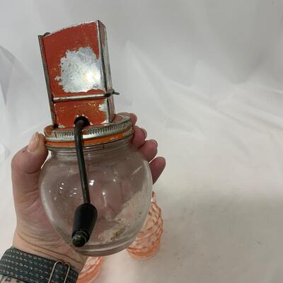 .237. Pink Depression Creamer and Sugar | Nut Grinder | c. 1930
