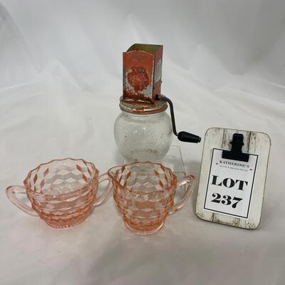 .237. Pink Depression Creamer and Sugar | Nut Grinder | c. 1930