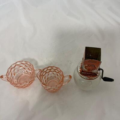 .237. Pink Depression Creamer and Sugar | Nut Grinder | c. 1930