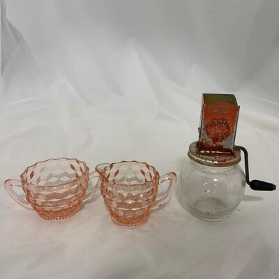 .237. Pink Depression Creamer and Sugar | Nut Grinder | c. 1930