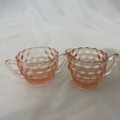 .237. Pink Depression Creamer and Sugar | Nut Grinder | c. 1930