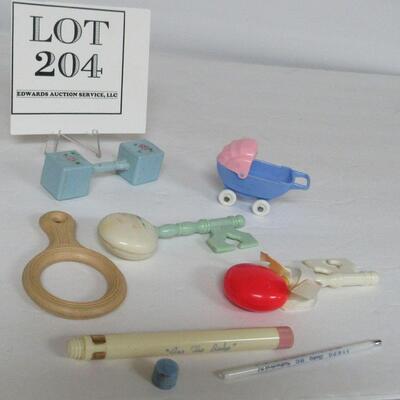 Child's Vintage Rattles, Teething Ring, Thermometer, Baby Buggy Toy