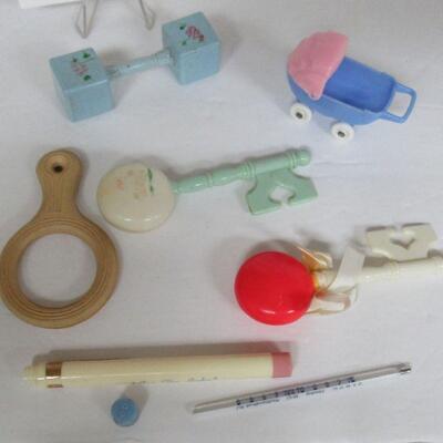 Child's Vintage Rattles, Teething Ring, Thermometer, Baby Buggy Toy