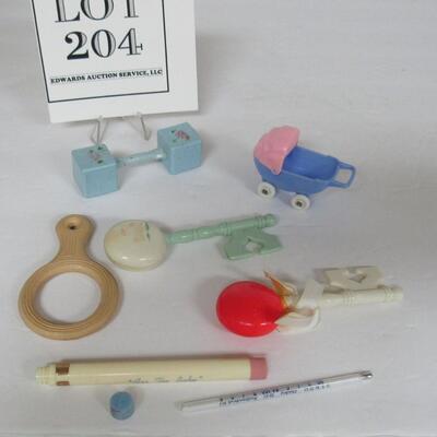 Child's Vintage Rattles, Teething Ring, Thermometer, Baby Buggy Toy