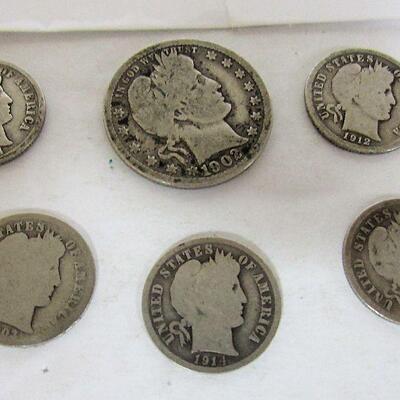 US Silver Barber Coins: 1902 Quarter, 1903, 1912, 1914, 1914D, 1916 Dimes