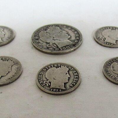 US Silver Barber Coins: 1902 Quarter, 1903, 1912, 1914, 1914D, 1916 Dimes