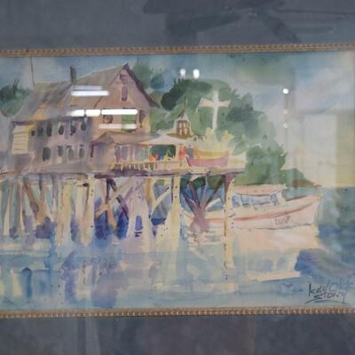 Signed Watercolor Boat Dock Picture