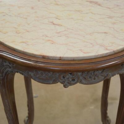 French Round Wood & Marble Top Table