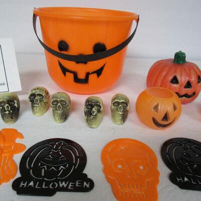 Lot of Older Plastic Halloween Items, Candle, and Witch Pin