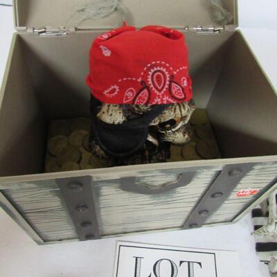Plastic Treasure Chest With Skull Head and Plastic Skeleton