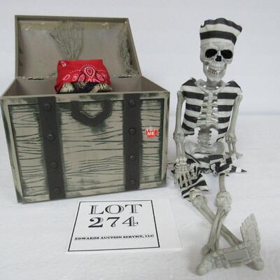 Plastic Treasure Chest With Skull Head and Plastic Skeleton