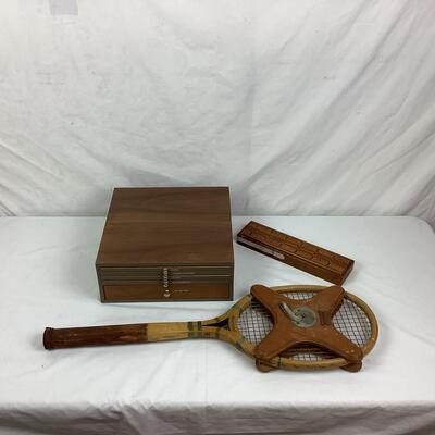 Lot 1045  Pair of Vintage Wooden Game Sets & Vintage J. Hunter Smith Aristocrat Tennis Racket