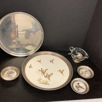 Lot 1050. Pheasant Tray/ Coasters, Round Pewter Tray, Heart Shaped Dish with Sterling Silver Base & Spoon