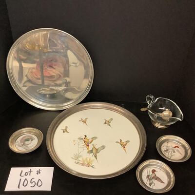 Lot 1050. Pheasant Tray/ Coasters, Round Pewter Tray, Heart Shaped Dish with Sterling Silver Base & Spoon