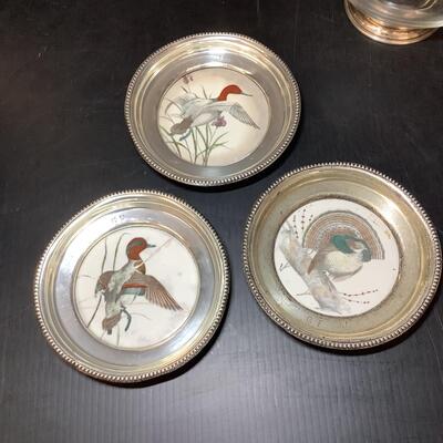 Lot 1050. Pheasant Tray/ Coasters, Round Pewter Tray, Heart Shaped Dish with Sterling Silver Base & Spoon