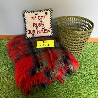 Waste basket, blanket and pillow