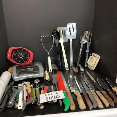 Lot 1080. Lot of Kitchen Utensils/ Knives / Marble Rolling Pin