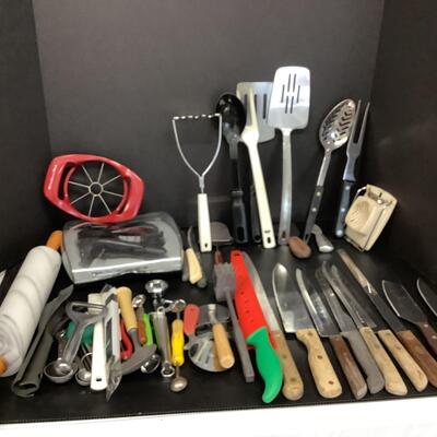 Lot 1080. Lot of Kitchen Utensils/ Knives / Marble Rolling Pin