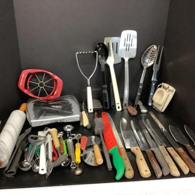 Lot 1080. Lot of Kitchen Utensils/ Knives / Marble Rolling Pin