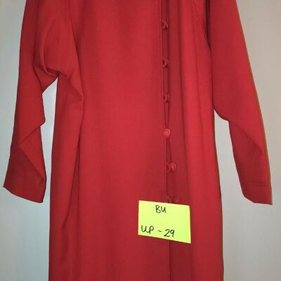 Red button down dress.