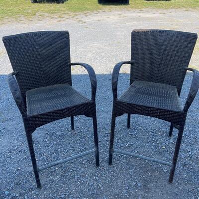 1086 Pair of Dark Brown Faux Wicker Patio Bar Stools