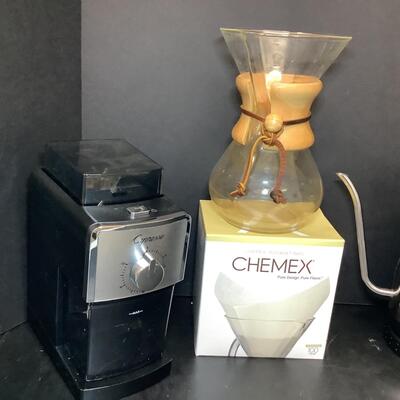 Lot 1082. Chemex Carafe Coffee Maker, Coffee Grinder, Bodum Bistro Gooseneck Water Kettle