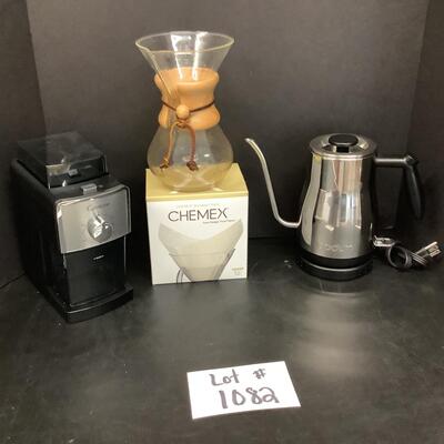 Lot 1082. Chemex Carafe Coffee Maker, Coffee Grinder, Bodum Bistro Gooseneck Water Kettle