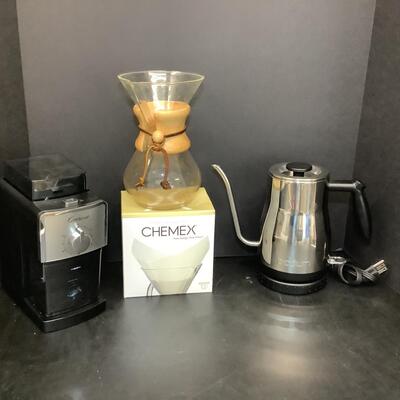 Lot 1082. Chemex Carafe Coffee Maker, Coffee Grinder, Bodum Bistro Gooseneck Water Kettle