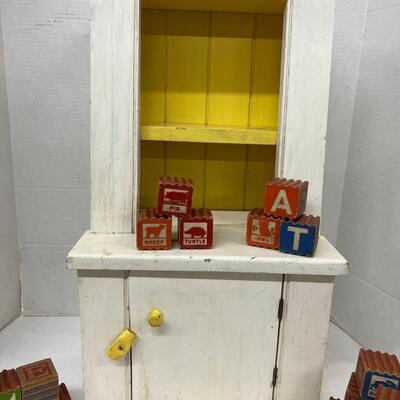 1073 Vintage Childs / Doll Wooden Cabinet with Wooden Blocks