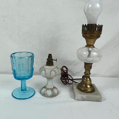 1092 Set of Two Antique Glass Lamps and Blue Glass Goblet