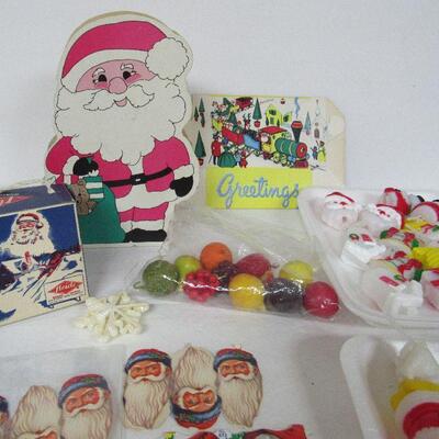 Lot of Older Christmas Decor, Candy Boxes, Santa Scraps, More