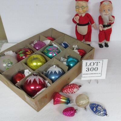 Lot of Vintage Christmas Ornaments and Santa and Mrs Claus Dolls