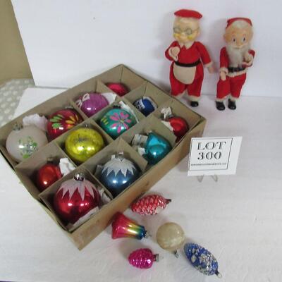 Lot of Vintage Christmas Ornaments and Santa and Mrs Claus Dolls