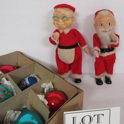 Lot of Vintage Christmas Ornaments and Santa and Mrs Claus Dolls