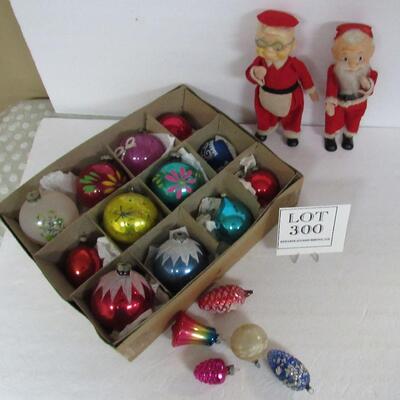 Lot of Vintage Christmas Ornaments and Santa and Mrs Claus Dolls