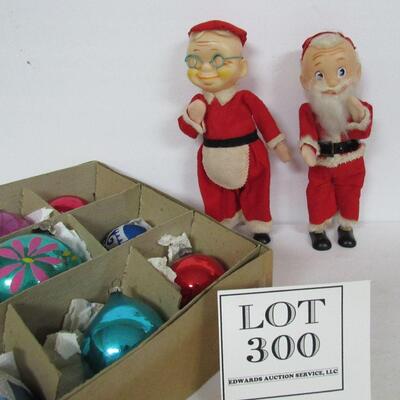 Lot of Vintage Christmas Ornaments and Santa and Mrs Claus Dolls