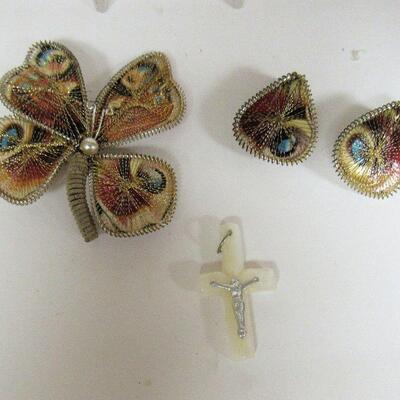 Unusual Butterfly Pin and Wings Earrings Set and Mother of Pearl Cross Pendant