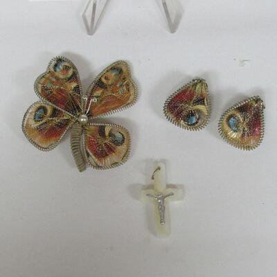 Unusual Butterfly Pin and Wings Earrings Set and Mother of Pearl Cross Pendant