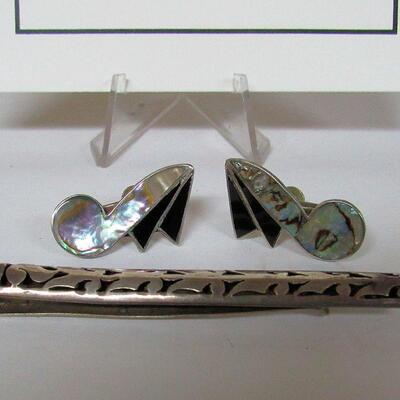 Sterling Silver Tie Bar Pin and Mother of Pearl Earrings, Mexico