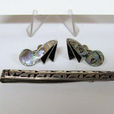 Sterling Silver Tie Bar Pin and Mother of Pearl Earrings, Mexico