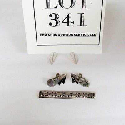 Sterling Silver Tie Bar Pin and Mother of Pearl Earrings, Mexico