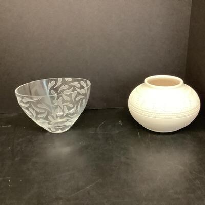 Lot 1098  Earth Spirits Ceramic Art Vase & Signed Oval Etched Glass Bowl