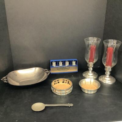 Lot 1099   Danish Silverplate Bowl by Godoy Fraberg, Pewter Coasters, Napkin Ring,& Candlesticks