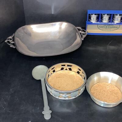Lot 1099   Danish Silverplate Bowl by Godoy Fraberg, Pewter Coasters, Napkin Ring,& Candlesticks