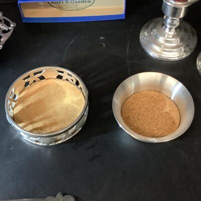 Lot 1099   Danish Silverplate Bowl by Godoy Fraberg, Pewter Coasters, Napkin Ring,& Candlesticks